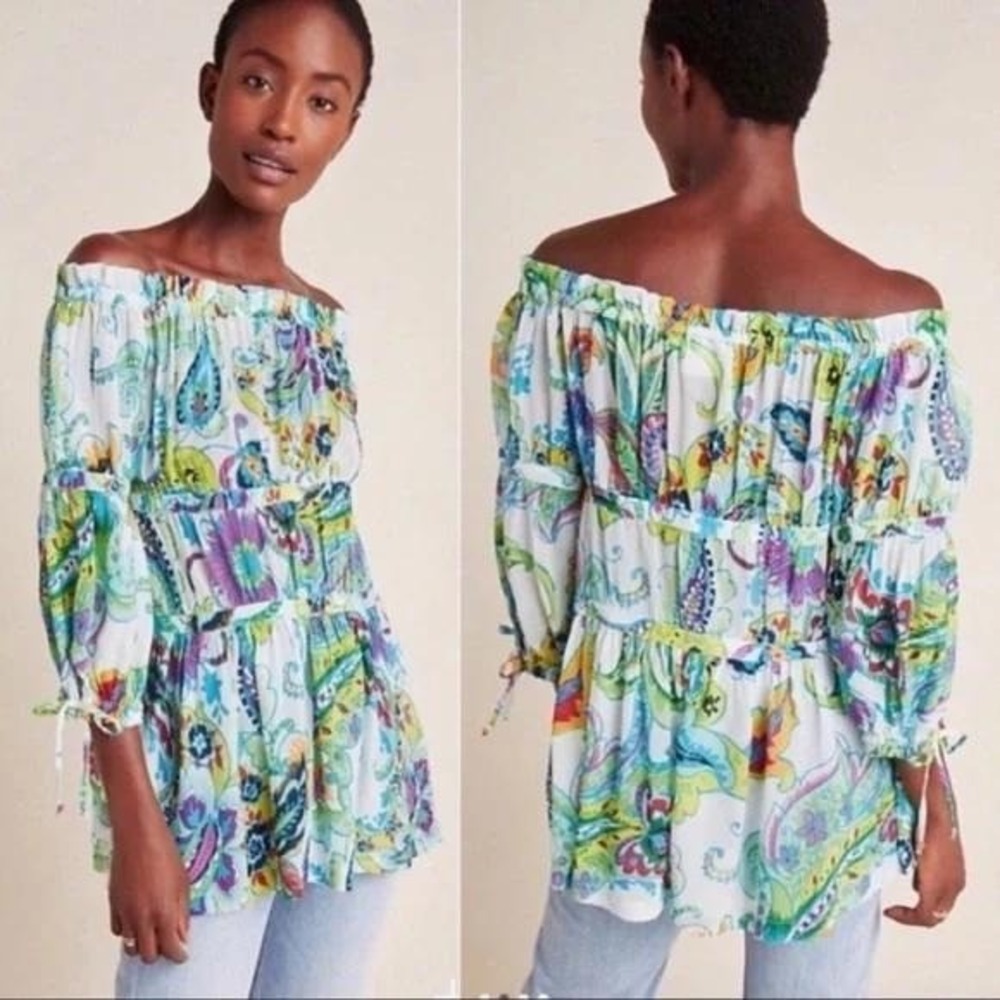 Maeve Anthropologie Tunic Top Womens Medium White Paisley Off Shoulder Peplum